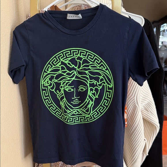 Versace Navy Tee with Neon Green Medusa - Picture 1 of 6